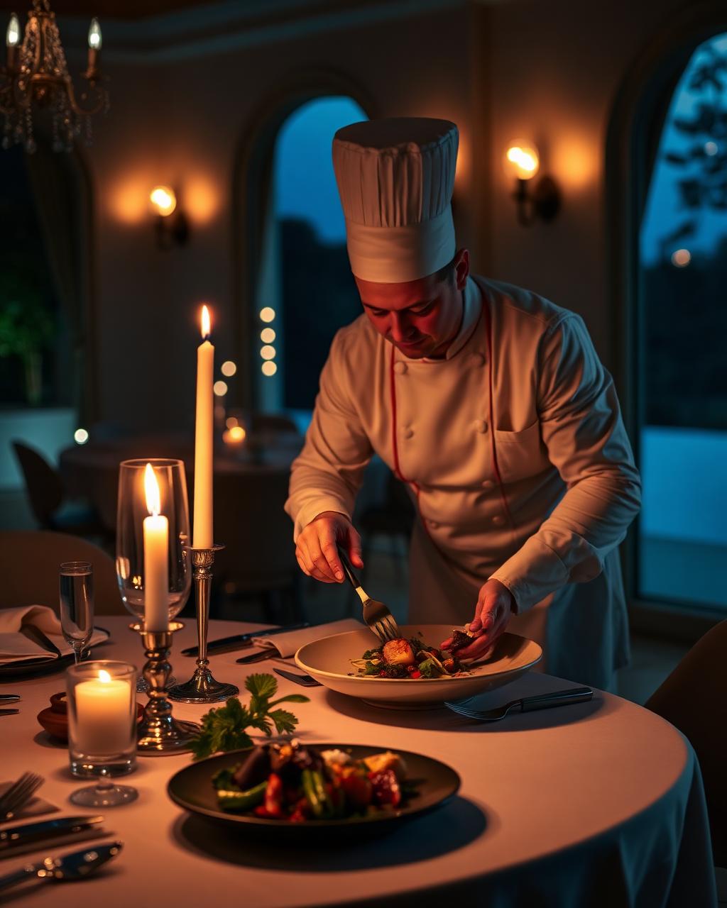 Private chef plating a dish at a candlelit table