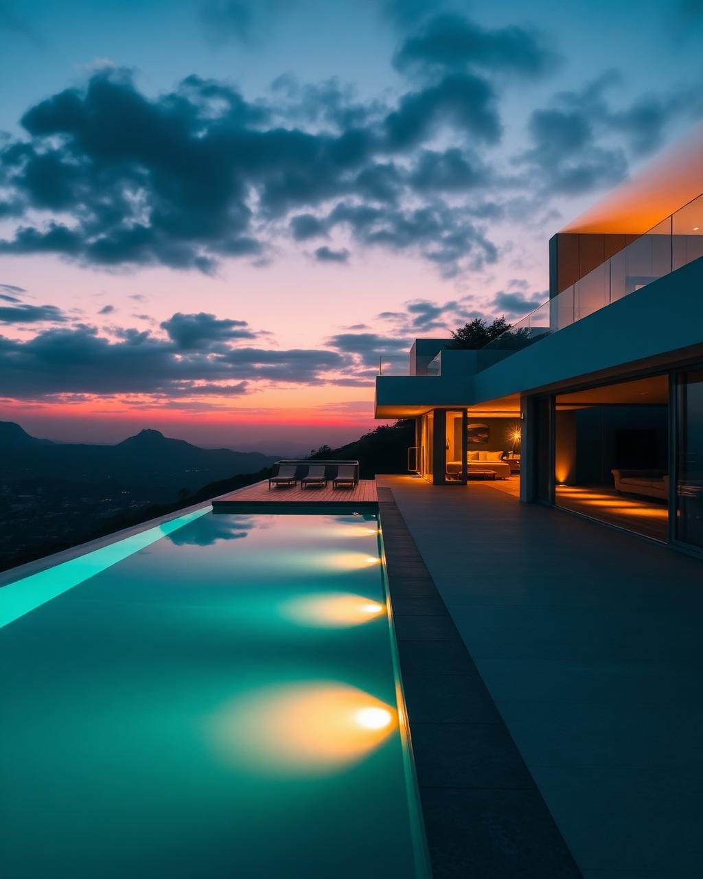 Modern villa with infinity pool at dusk